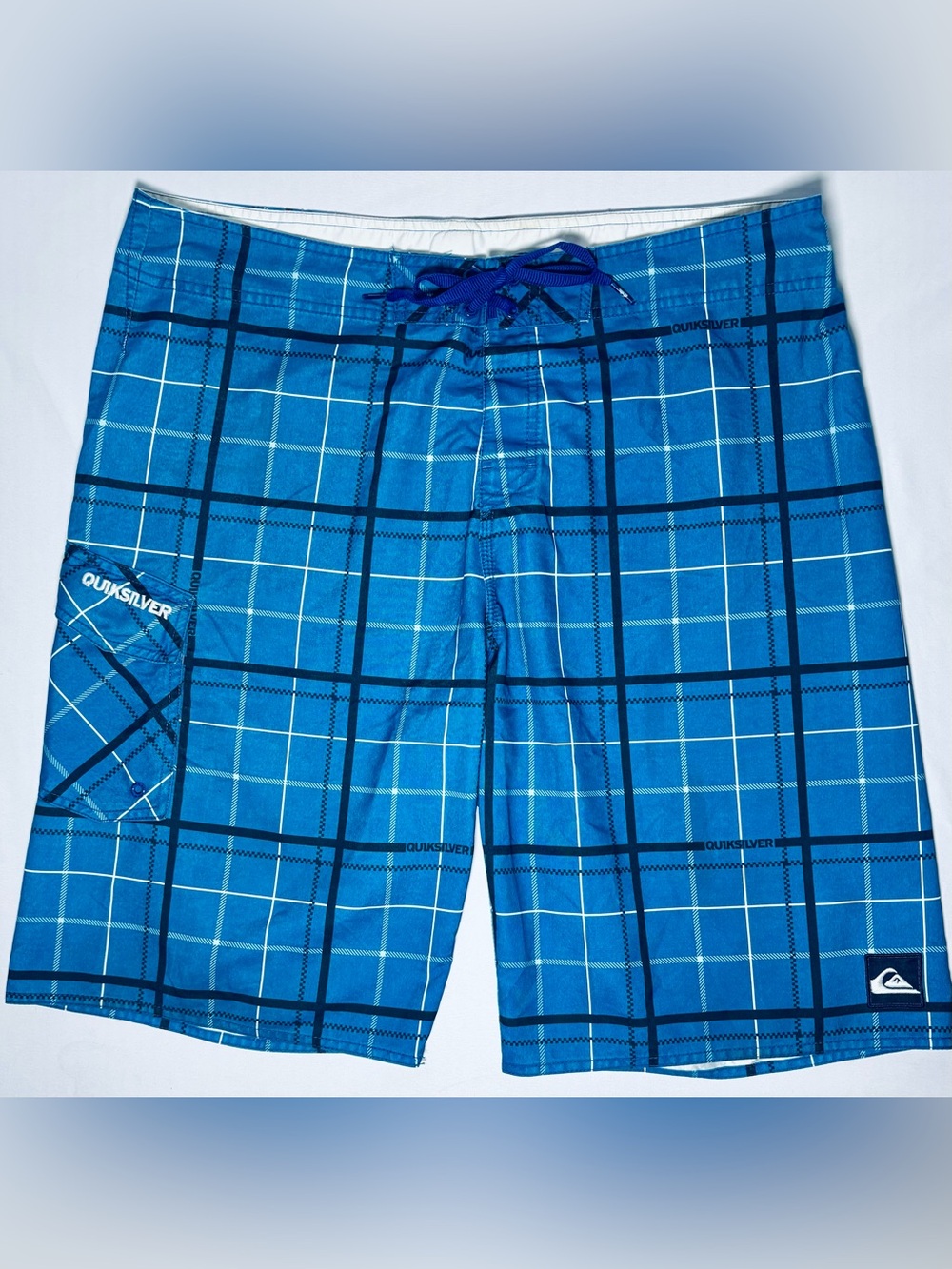 Quicksilver Board Shorts Men's 38 Blue Plaid Embroidered Logo GOOD